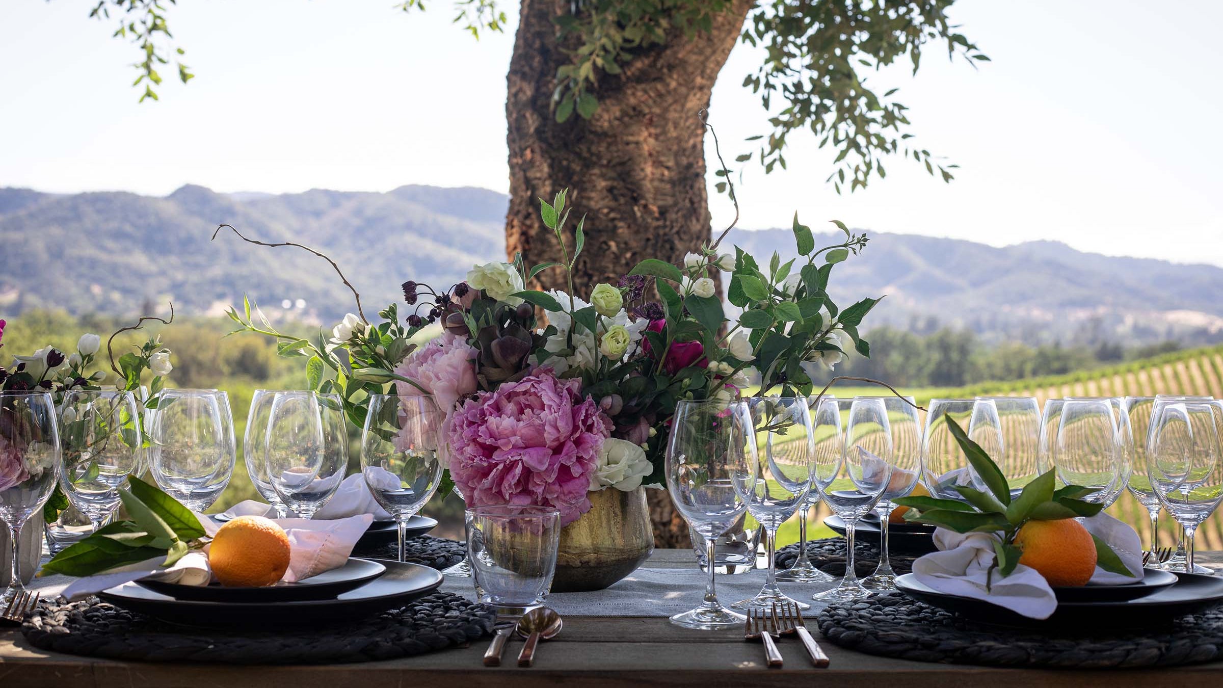Elegant outdoor table setting with flowers and glasses under a tree with mountains in the background